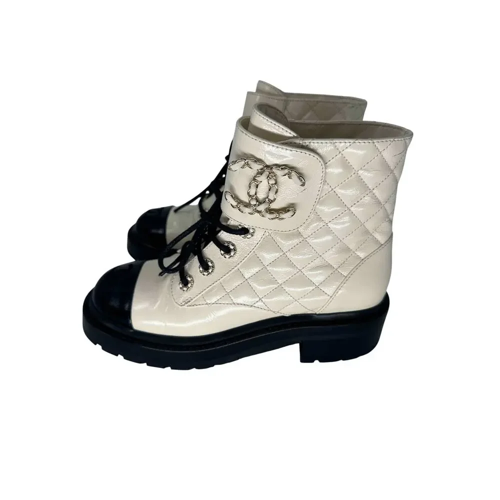 Chanel Goatskin Quilted Chain CC Cap Toe Lace Up Combat Boots Ivory Women's 37.5